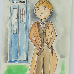 The Doctor, Doctor Who, 10th Doctor, David Tennant & Tartus gift tag, mixed media watercolor painting,tag painting,bookmarker,father's gift