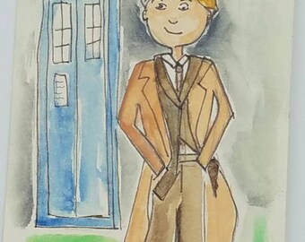 The Doctor, Doctor Who, 10th Doctor, David Tennant & Tartus gift tag, mixed media watercolor painting,tag painting,bookmarker,father's gift