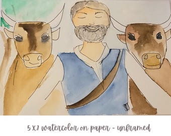 5x7 Big Dan and the Steer Original Watercolor Painting, mothers day gift Watercolor Portrait Painting Childrens Art