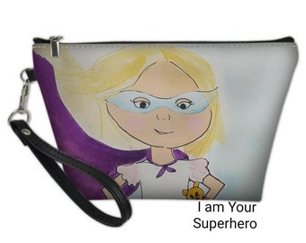 I am Your Superhero Wristlet 8.5x5.5 with zipper closure and detachable strap. Handbag,Clutch,Makeup bag, Travel Art Bag, Art Bag