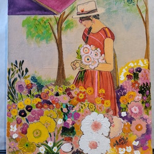 Visiting the Flower Market 8x10x1 1/2&quot; Original Mixed Media Painting, Woman Art Print, Woman Portrait, Portrait Woman Art, Woman Artwork