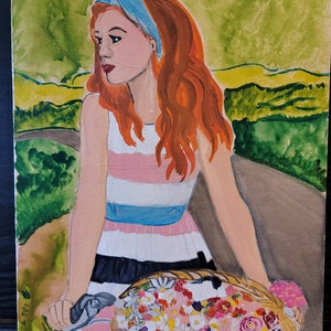 8x10 The View or Girl on a Bicycle, Original Mixed Media Painting, Woman Print, Woman Portrait, Portrait Woman Art, Woman Artwork,Woman