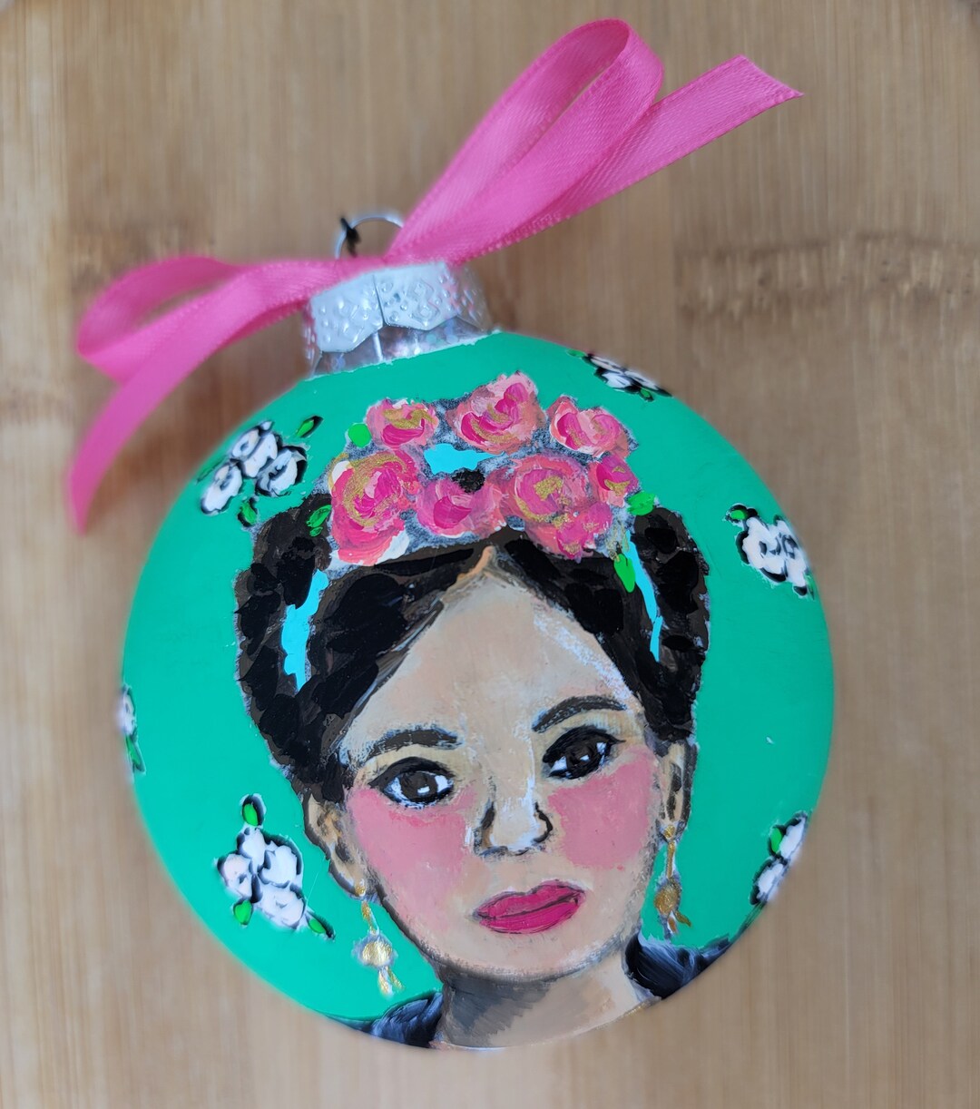 Frida Kahlo Inspired Hand-painted Glass Christmas Ornament, Green ...