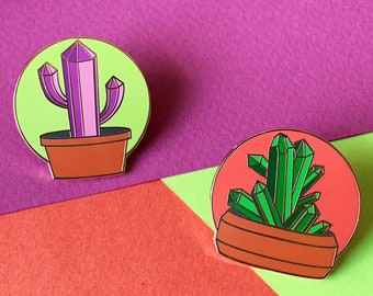Crystal Cactus and Succulent Enamel Pin