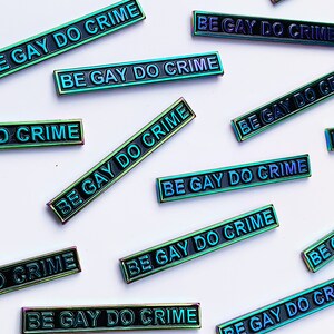 Be Gay Do Crime Enamel Pin Rainbow Anodized Metal Text image 3