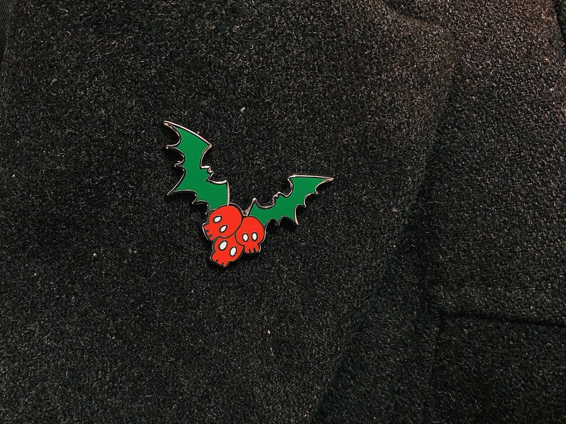 Holly and Ivy Skull and Bats Gothic Christmas Halloween Enamel image 1