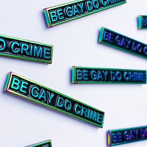 Be Gay Do Crime Enamel Pin Rainbow Anodized Metal Text image 2