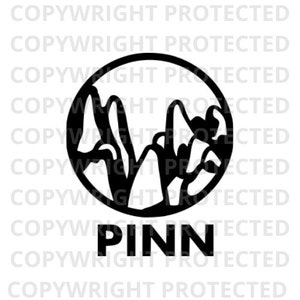May include: Black and white logo of a mountain range inside a circle with the word "PINN" below it.