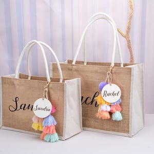 Custom Burlap Tote Bag,Personalized Bridesmaid Gift Bag with Charm,Bridesmaid Beach Bag,Bachelorette Party Bag,Bridesmaid Proposal Gift