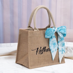 Personalized Burlap Tote Bag,Bridesmaid Gift ,Burlap Tote With Scarf,Bachelorette Party Bag,Wedding Favors,Beach Tote Bag