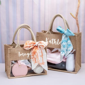 Personalized Burlap Bridesmaid Tote Bag: Clear Window Beach Gift