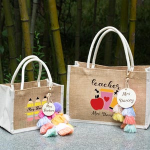 Personalized Teacher Jute Tote Bag,Teacher Name Burlap Bag,Beach Tote Bag,Teacher Appreciation Gift, Teacher Gifts Bag,Thank You Gift