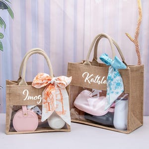 Personalized Burlap Bag,Bridesmaid Tote Bag,Wedding Bag With Scarf,Bachelorette Party Bag for Her,Beach Tote Bag,Maid of Honor Gift