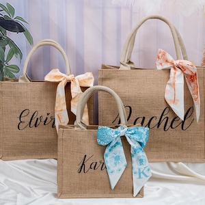 Custom Burlap Tote Bag,Bridesamaid Gift bag With Name,Wedding Gift Bag With Scarf,Bachelorette Party Favor,Bride Bag,Beach Tote Bag