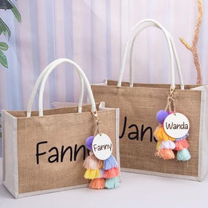 Personalized Burlap Tote Bag,Bridesmaid Gift Bag with Charm,Bachelorette Party Bag, Bridesmaid Proposal Gift,Burlap gift Bag,Beach tote bag