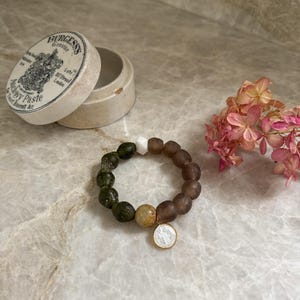 The Sandra Bracelet | Mother of Pearl Charm, Moonstone & Recycled Glass, Beaded Stretch Stacking Bracelet