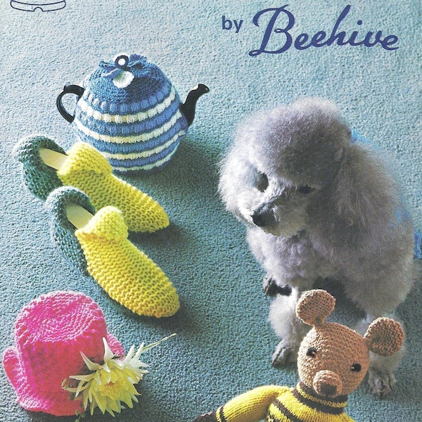 Vintage Crochet & Knit SLIPPERS Bear TEA COZY Tea Pot Cover Dog Coats Poodle Toy Stuffed Teddy Pattern Book Patterns