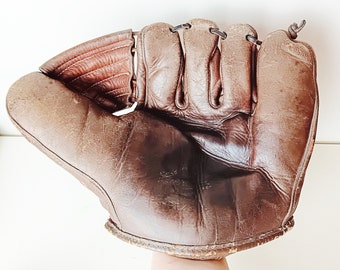Vintage Leather Baseball Glove Mitt Dark Aged Time Worn Unique Design