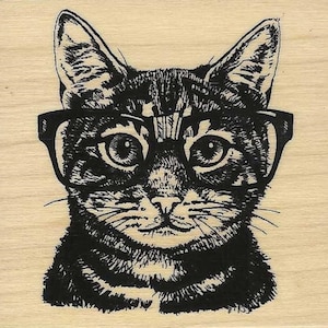 May include: A black and white illustration of a cat wearing glasses. The cat has a serious expression and is looking directly at the viewer.