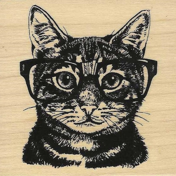 Kitty Cat with Glasses Wood Mounted Large Rubber Stamp Nerd Style
