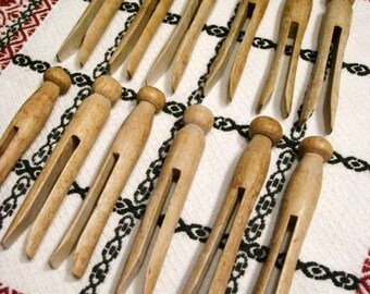 Aged Vintage Wooden Clothespins 12 Piece Wood Clothes Pins