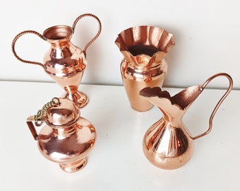 Vintage Small Copper Pitchers Ewers Urn Metal Miniature Decor Set of 4 MCM Modern Collection