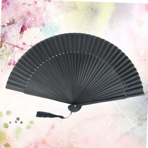 Black Bamboo Folding Fan: Japanese Style, Handmade with Tassel