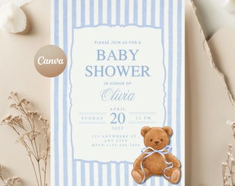 Teddy Bear Baby Shower Invitation: Polo Theme Editable Canva Template (Digital Download)