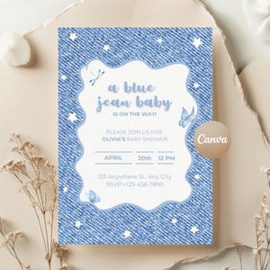 Modello di invito per baby shower in jeans e denim / Modello Canva modificabile / Invito digitale stampabile / Download immediato