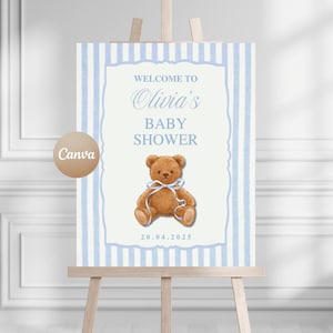 Letrero de bienvenida estilo polo para baby shower / Plantilla editable de Canva con diseño de oso preppy / Letrero de bienvenida digital imprimible / Descarga instantánea