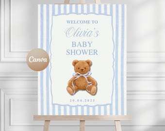 Teddy Bear Baby Shower Welcome Sign: Polo Theme Editable Canva Template (Digital Download)