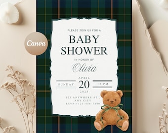 Teddy Bear Baby Shower Invitation: Polo Theme Editable Canva Template (Digital Download)
