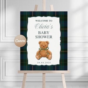 Letrero de bienvenida estilo polo para baby shower / Plantilla editable de Canva con diseño de oso preppy / Letrero de bienvenida digital imprimible / Descarga instantánea