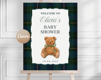 Teddy Bear Baby Shower Welcome Sign: Polo Theme Editable Canva Template (Digital Download)