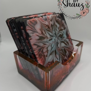 Epoxy Resin Coasters with Holder - Set of 5, Coasters with Holder, Handmade Coasters, Flower Coasters, Gift for Friend, Housewarming Gift