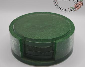 Epoxy Resin Coasters with Holder - Set of 5, Coasters with Holder, Handmade Coasters, Green Coasters, Gift for Friend, Housewarming Gift