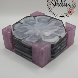 Epoxy Resin Coasters with Holder - Set of 4, Coasters with Holder, Handmade Coasters, Flower Coasters, Gift for Friend, Housewarming Gift