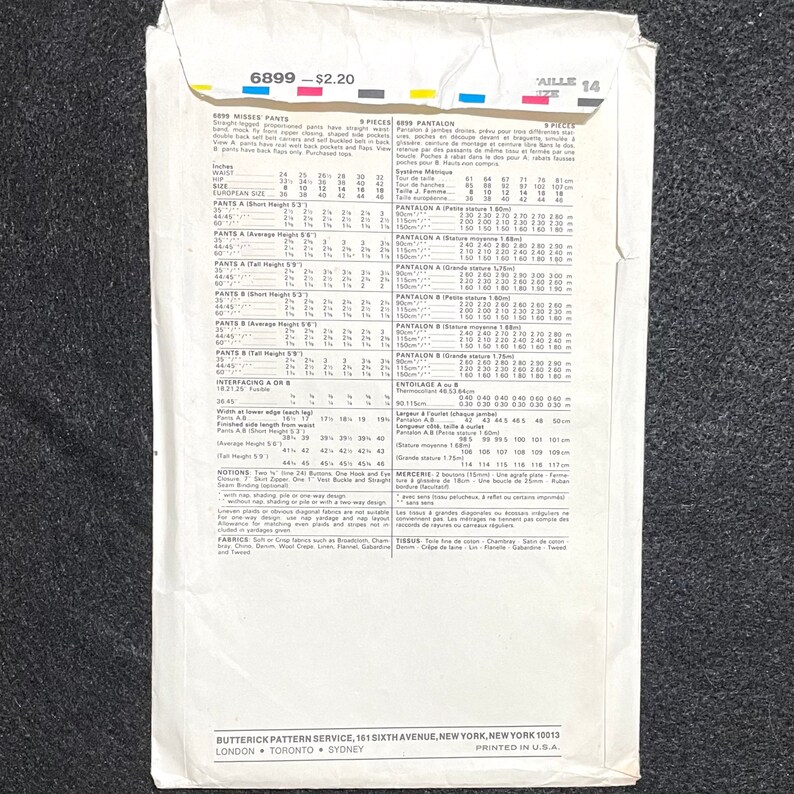 May include: A vintage sewing pattern for misses' pants, size 14, with instructions for different heights and measurements. The pattern is for straight-legged pants with pockets and a fly zipper. The pattern is printed on white paper with black text and includes a size chart and fabric suggestions.