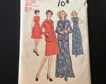 Simplicity 6559, Size 18 & 20 Misses’ and Women’s Dress in Two Lengths and Jacket, Vintage Sewing Pattern from 1974.