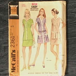 McCalls 2361, Size 16 Bust 38 Misses Dress or Top and Skirt Vintage Sewing Pattern from 1970 image 1
