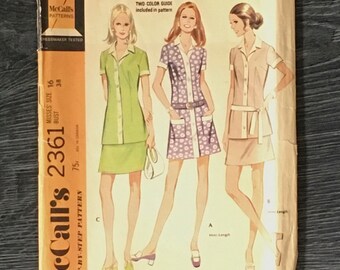 McCall’s 2361, Size 16 (Bust 38) Misses’ Dress or Top and Skirt Vintage Sewing Pattern from 1970