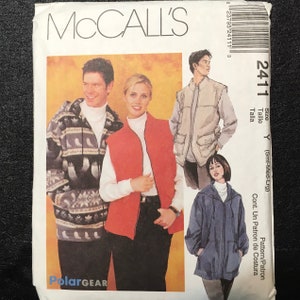 McCall’s 2411, Size Sml, Med Lrg Misses’ and Men’s Unlined Jacket and Vest, Vintage Sewing Pattern From 1999
