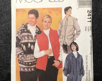 McCall’s 2411, Size Sml, Med Lrg Misses’ and Men’s Unlined Jacket and Vest, Vintage Sewing Pattern From 1999