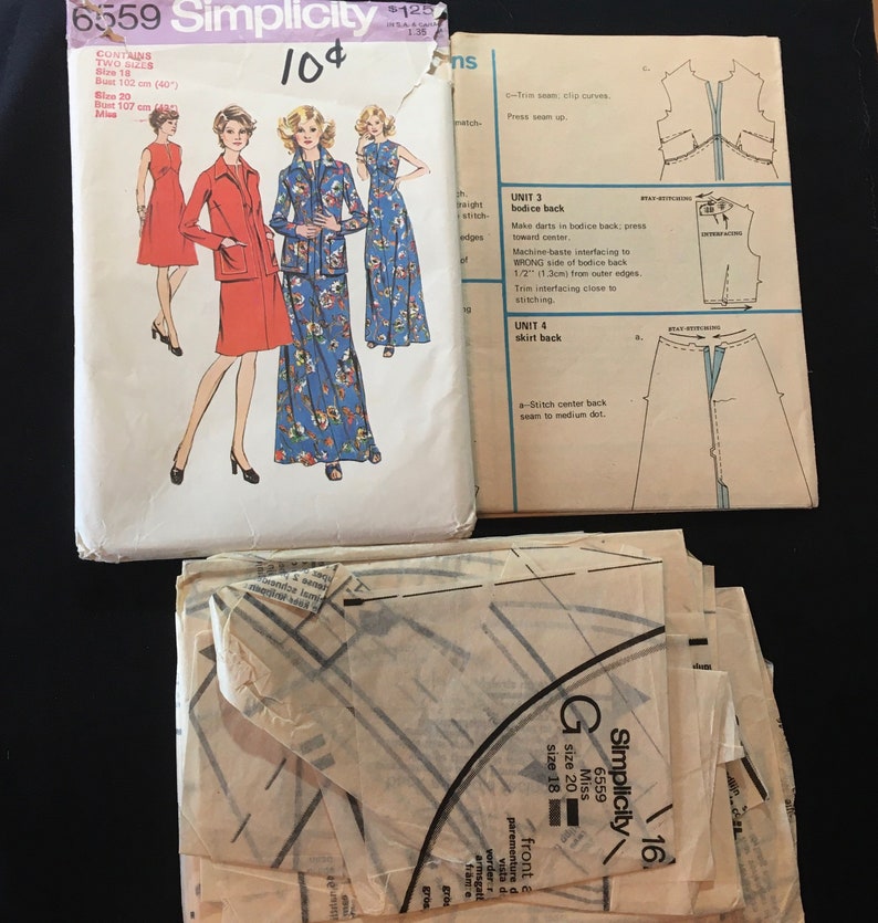 Simplicity 6559, Size 18 & 20 Misses and Womens Dress in Two Lengths and Jacket, Vintage Sewing Pattern from 1974. afbeelding 3