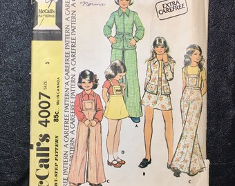 McCall’s 4007, Size 5 Childs’ and Girls’ Jacket, Skirt and Pants (with detachable bib) , Vintage Sewing Pattern from 1974