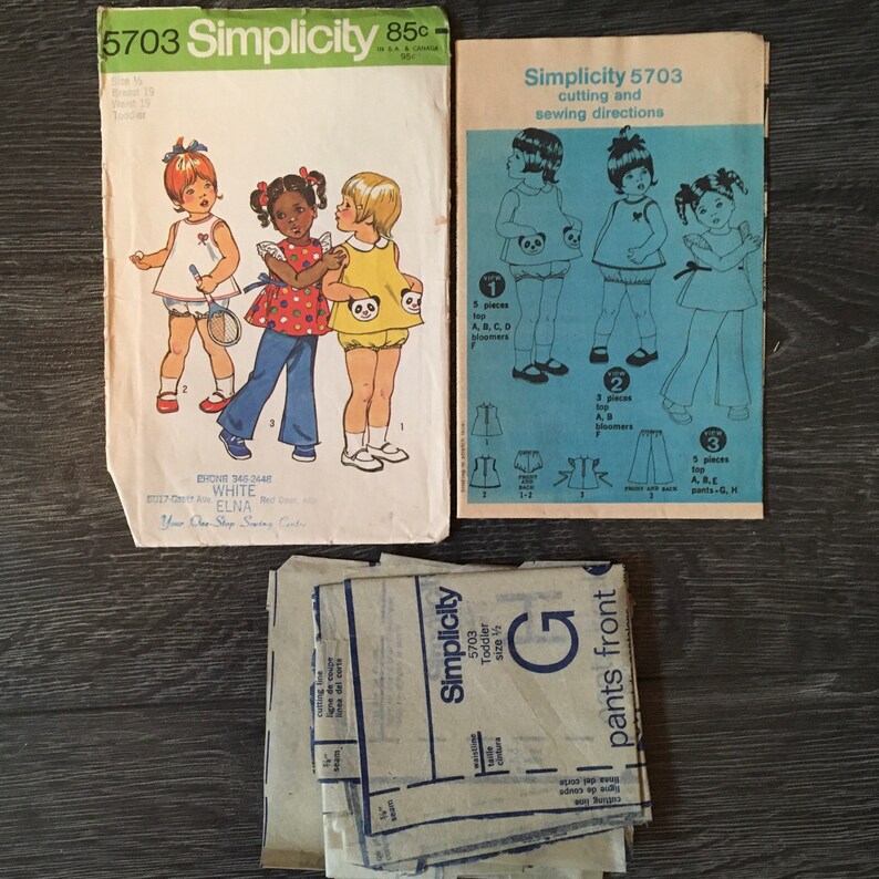 Simplicity 5703, Size 1 1/2 Toddlers Top, Bloomers and Bell-Bottom Pants, Vintage Sewing Pattern from 1973 image 3
