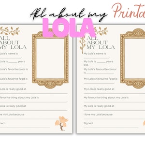 All About My Lola Printable Activity, Mother&#39;s Day Lola Gift, Lola Birthday Gift, Lola Gift from Grandkids, Lola Questionnaire
