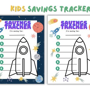 May include: Two kids' savings trackers with a space theme. Each features a rocket ship, planets, stars, and the text "SAVINGS TRACKER" in purple. The text "I'm saving for:" is above the lines for tracking savings.