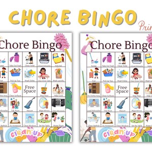 Puede incluir: Dos tableros de juego imprimibles de "Chore Bingo". Cada tablero presenta una cuadrícula de tareas con ilustraciones, que incluyen barrer, lavar los platos y hacer la cama. Las palabras "Chore Bingo" y "Printable" están en la parte superior.