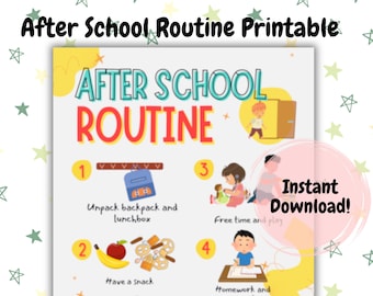 May include: A printable chart with colorful illustrations and text outlining an after school routine for children. The steps include unpacking a backpack and lunchbox, having a snack, free time and play, and homework.